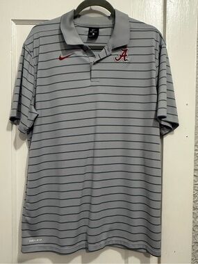 Nike Grey Striped Polo with Crimson Alabama 'A' and Red Swoosh